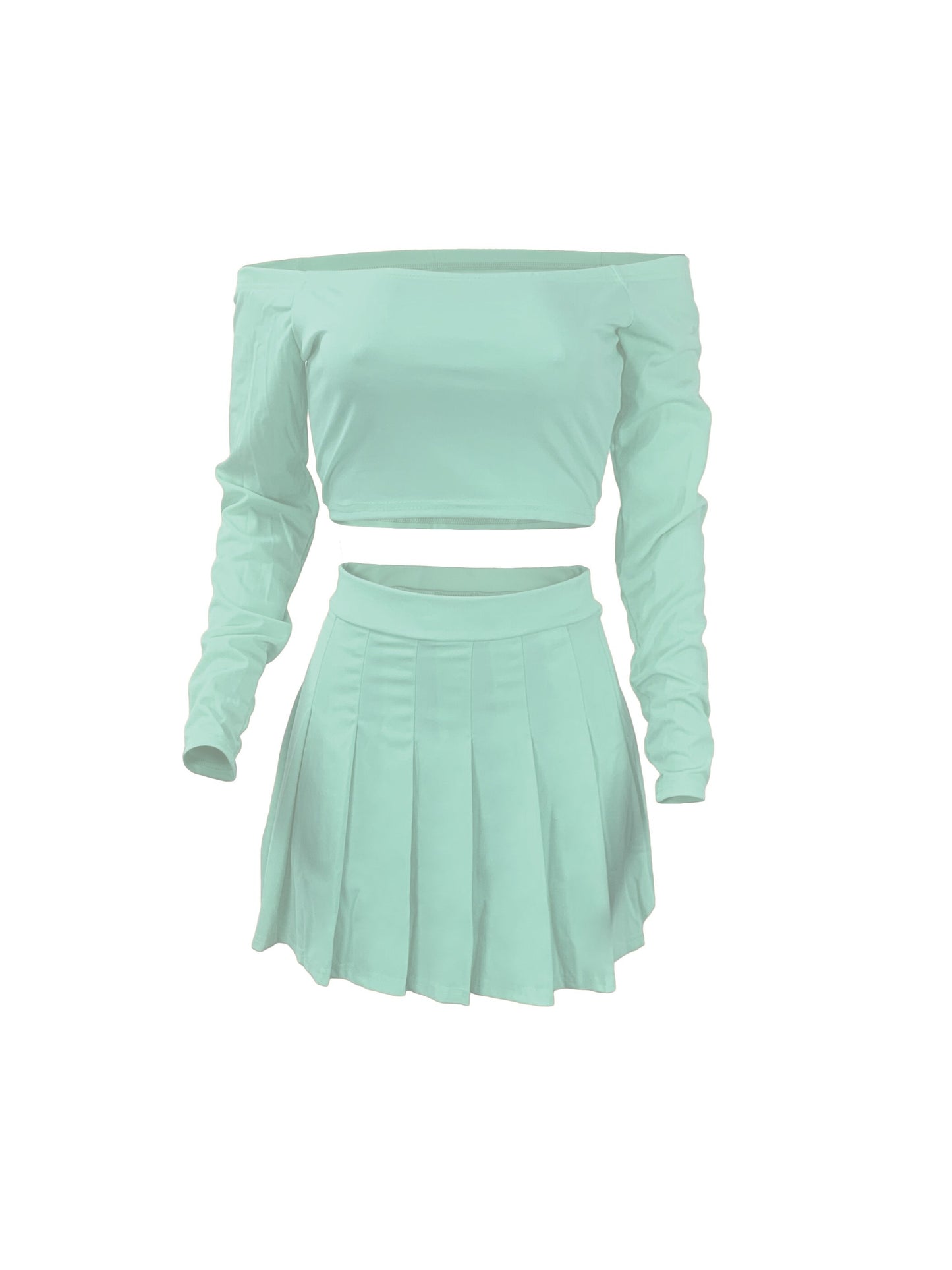 Solid Elegant Two-piece Set, Off Shoulder Long Sleeve Crop Top & Pleated Mini Skirt Outfits, Women's Clothing