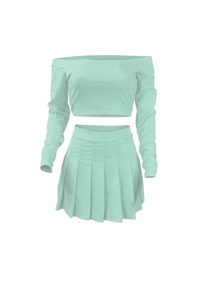 Solid Elegant Two-piece Set, Off Shoulder Long Sleeve Crop Top & Pleated Mini Skirt Outfits, Women's Clothing