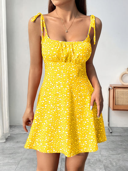 Elegant Floral Print Stretch Waist Cami Dress - Sleeveless Ruffled Hem Midi Dress for Women, Yellow & Pink Floral Pattern, Perfect for Casual Outings
