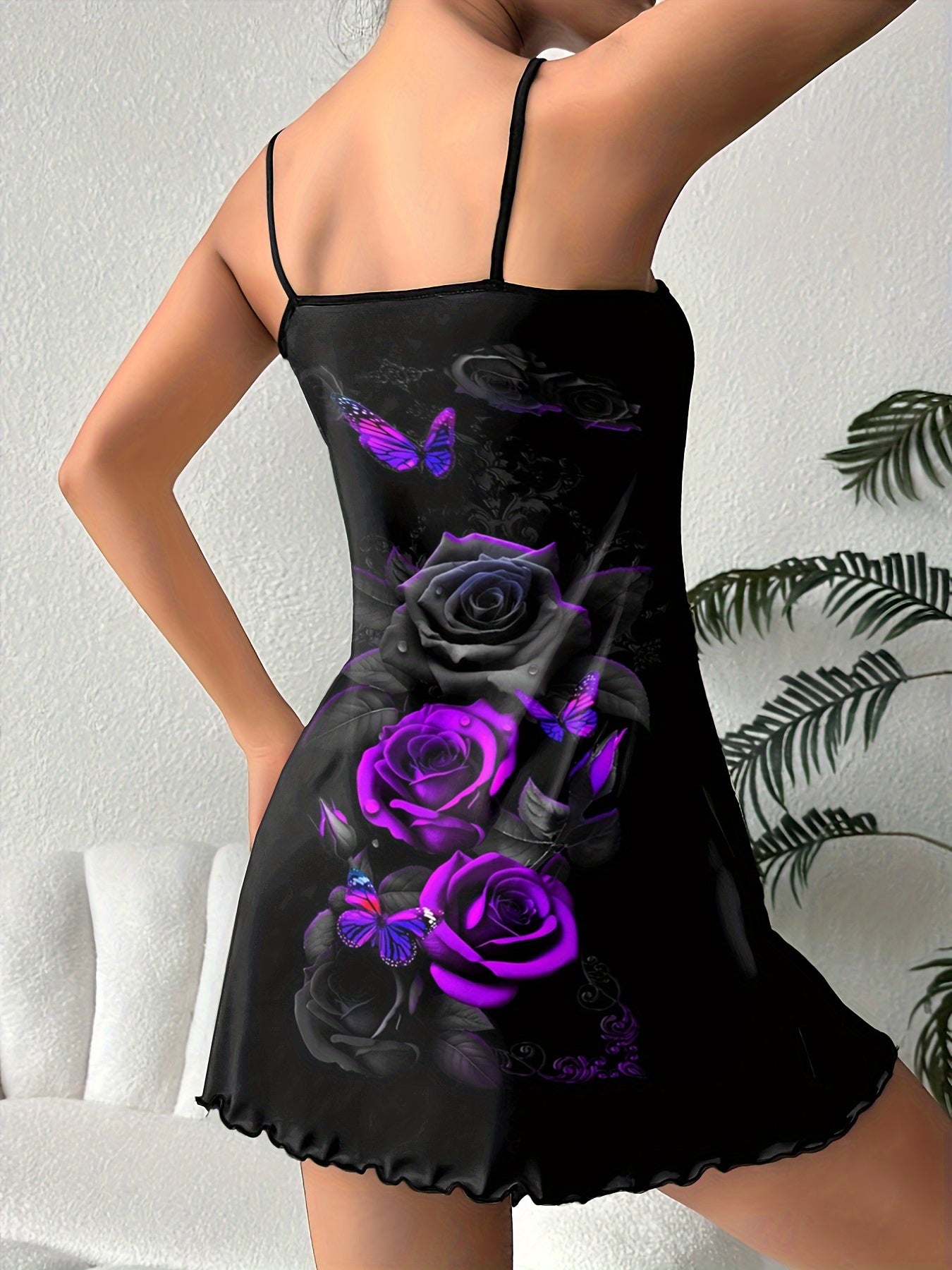 Women's Halloween Gothic Rose Print Frill Trim Sleepwear Dress, Round Neck Backless Slip Dress, Comfortable Nightgown