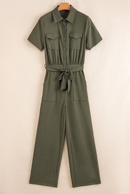 Moss Green Half Button Belted Utility Short Sleeve Jumpsuit
