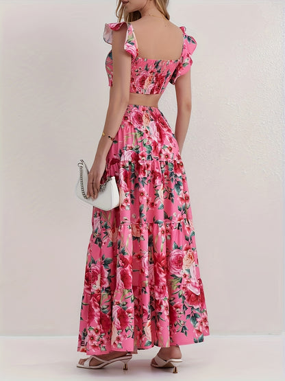 Vacation Style Floral Print Two-piece Set, Ruffle Trim Crop Top & High Waist Swing Skirt Outfits, Women's Clothing