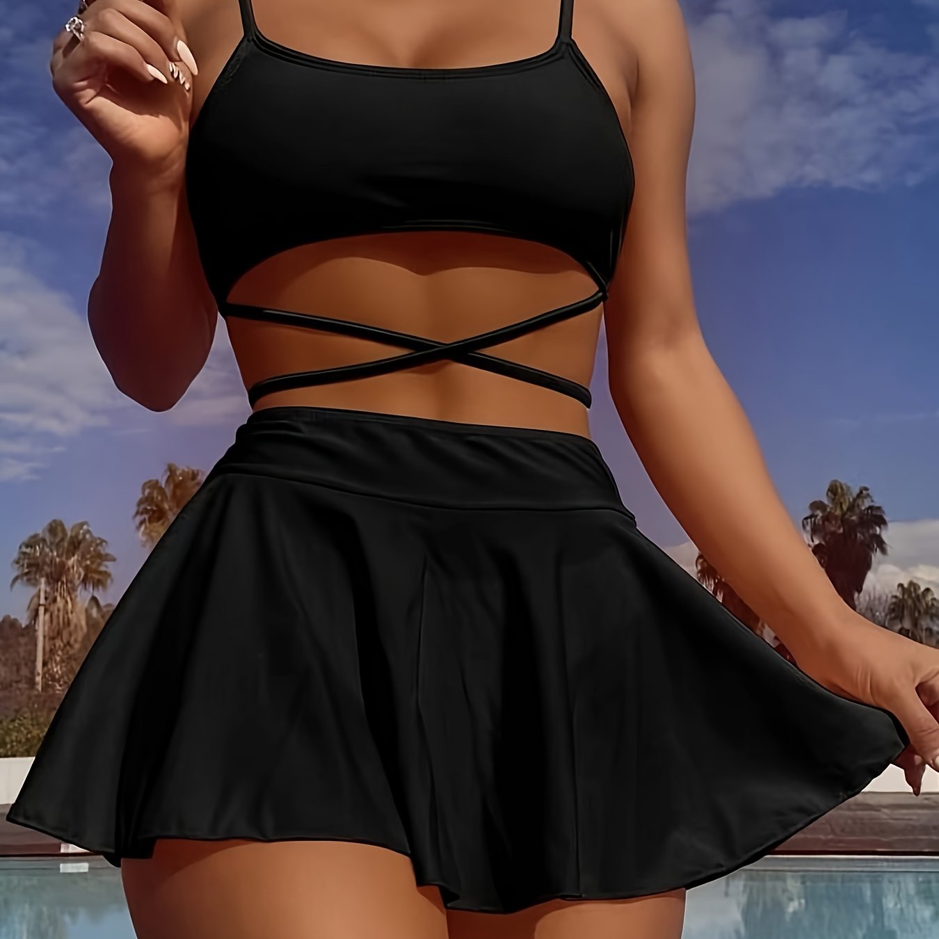 Elegant Solid-Color 3-Piece Swimwear: Cross-Strap Bikini & Pleated Skirt Cover-Up - Comfortable, Stretchy, and Durable