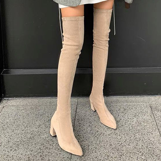 Apricot Cover Over-The-Knee Chunky Women’s Boots with Pointed Toe & Zip Closure – Stylish High Heel Winter Boots for Casual & Goth Fashion, Goth Fashion Boots | Chunky Heel Boots | Fabric Lined Boots, High Heel Boots