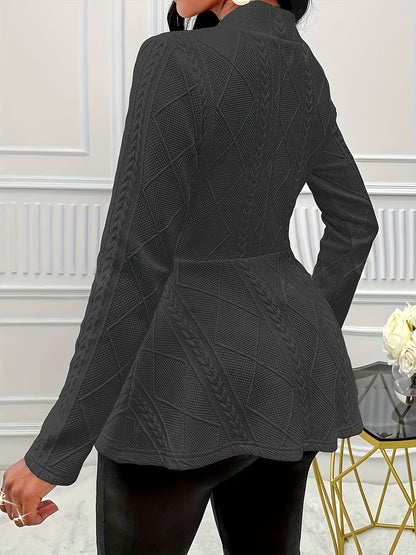 Textured Beaded Button V-neck Jacket, Elegant Long Sleeve Ruffle Hem Outwear For Spring & Fall, Women's Clothing