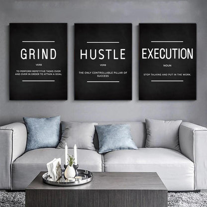 3pcs/set Grind Hustle Execution Quotes Canvas Wall Art - Motivational Gifts for Friends, Entrepreneurs, and Home Office Decor - Inspirational Posters with No Frames