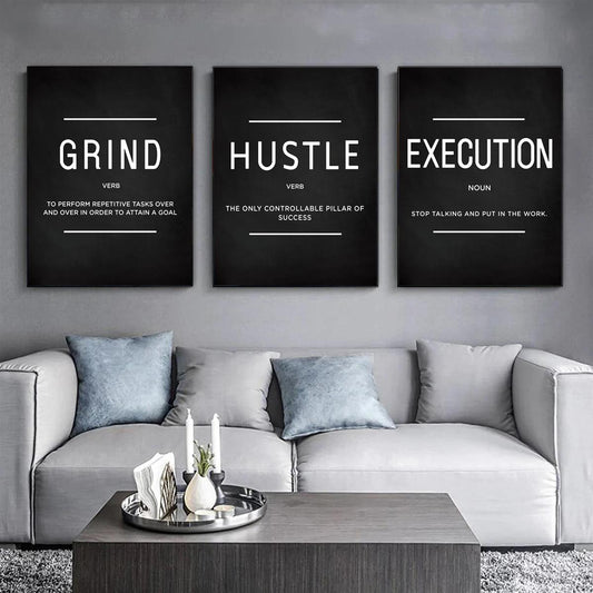 3pcs/set Grind Hustle Execution Quotes Canvas Wall Art - Motivational Gifts for Friends, Entrepreneurs, and Home Office Decor - Inspirational Posters with No Frames