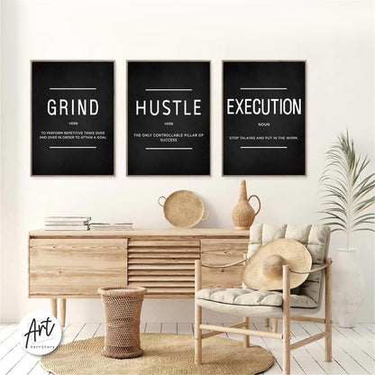 3pcs/set Grind Hustle Execution Quotes Canvas Wall Art - Motivational Gifts for Friends, Entrepreneurs, and Home Office Decor - Inspirational Posters with No Frames