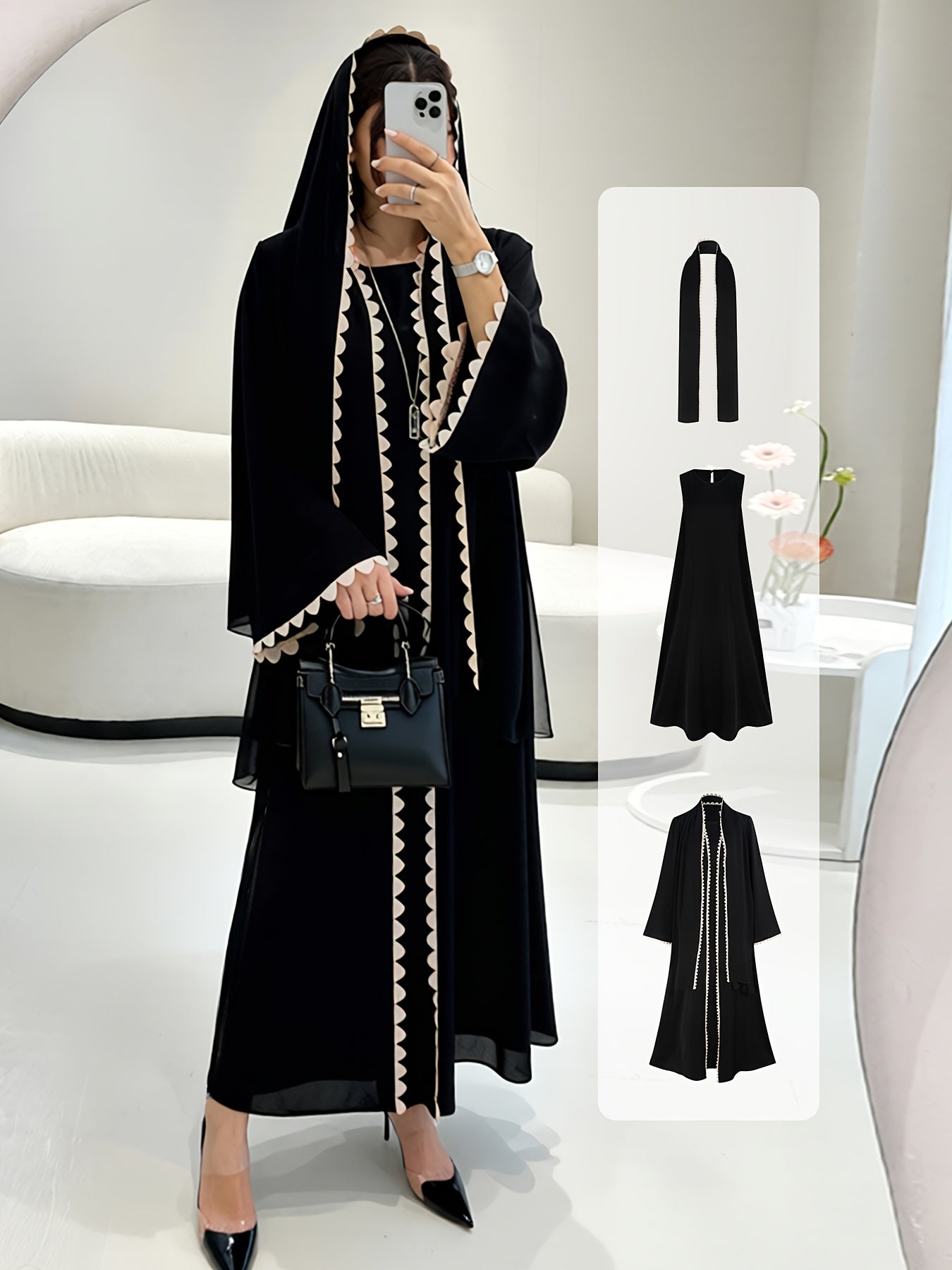 Women'S Autumn New Middle Eastern 3pcs Set: Solid Color Abaya Jacket/Sleeveless Dress/Headscarf, Middle Eastern Arab, Islamic Style Shawl, Ramadan Prayer Dress, Long Skirt LL168, Perfect for Thanksgiving, Women Elegant Winter