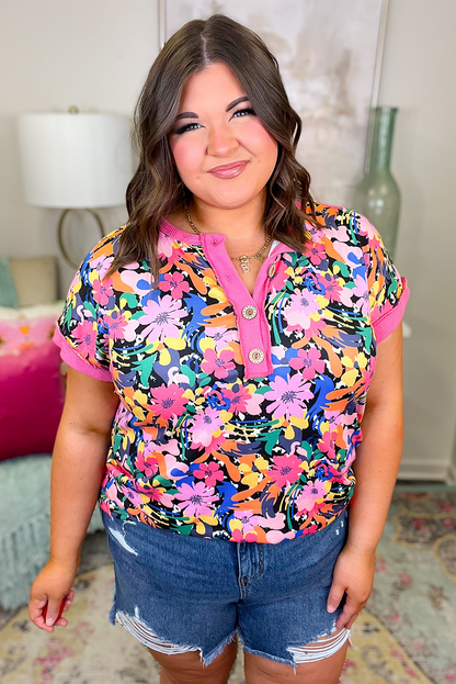 Rose Floral Short Sleeve Contrast Edge Plus Size Henley Top