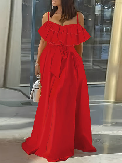 Vibrant Ruffle Trim Cami Dress - Sleeveless, Tie-Waist, Maxi Length, Flowy, Feminine, Summer Essential for Women - Perfect for Outdoor, Party, and Daily Wear