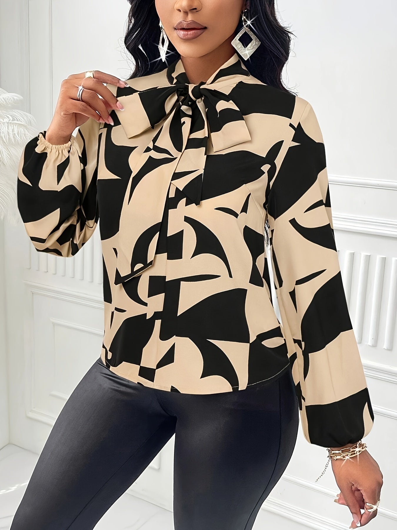 Elegant Geometric Print Bow Tie Collar Blouse - Women's Long Sleeve Shirt with Adjustable Tie Detail, Machine Washable All-Season Top for Casual & Formal Wear, Long Sleeve Blouse, Smooth Texture Fabric