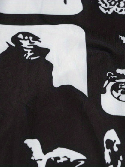 Chic Women's Backless Halter Mini Dress - Sexy Black & White Abstract Print, Sleeveless Bodycon Design with Ruched Waist, Polyester & Spandex Blend, Ideal for Summer