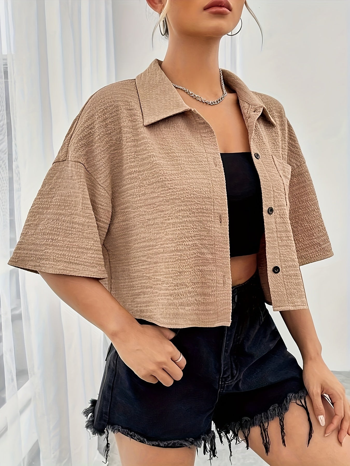 Button Front Crop Blouse, Casual Short Sleeve Blouse For Spring & Summer, Women's Clothing