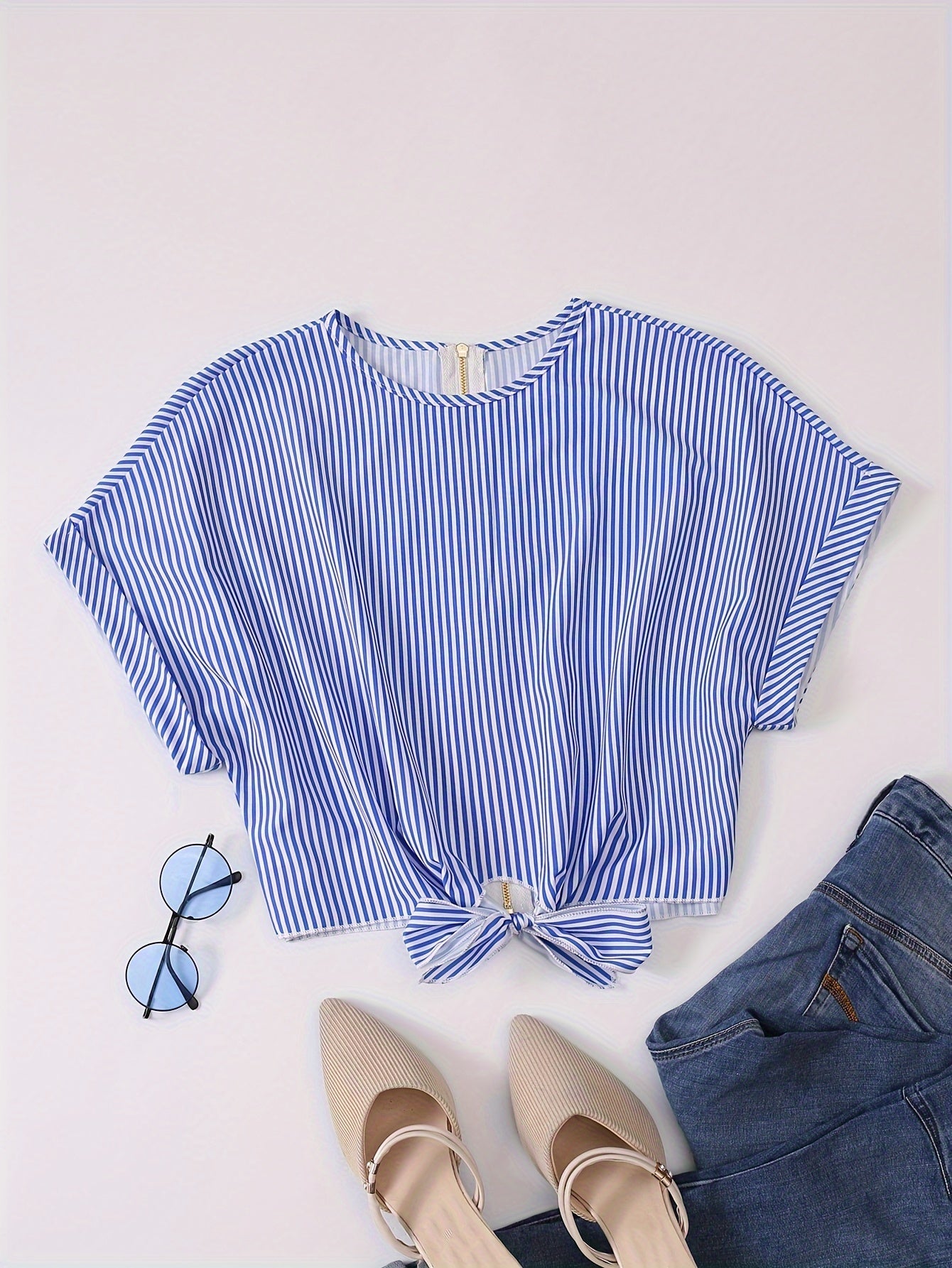 Striped Zip Up Knotted Blouse, Elegant Short Sleeve Crop Top For Spring & Summer, Women's Clothing