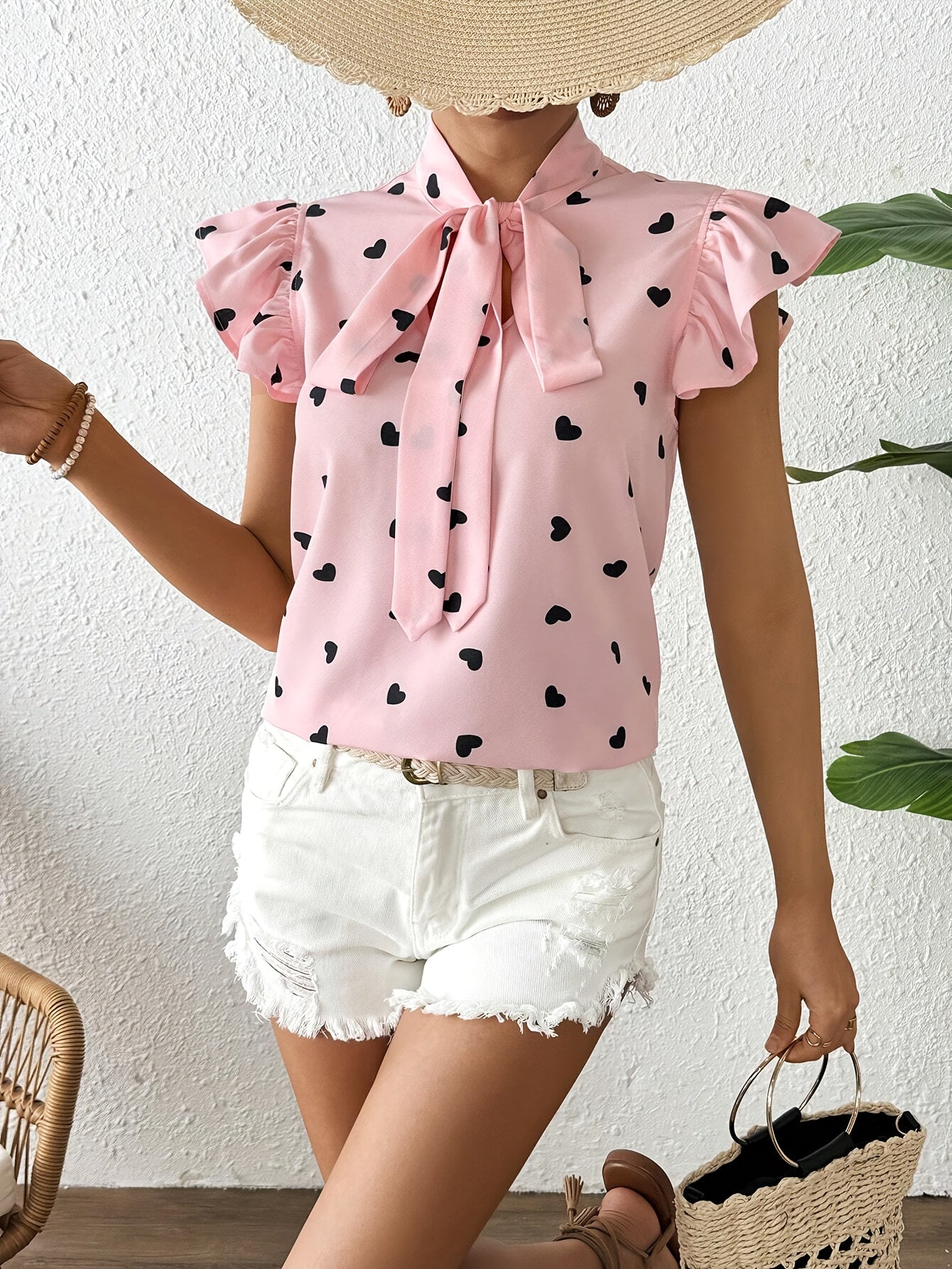 Heart Print Tie Neck Blouse, Casual Ruffle Trim Flutter Sleeve Top For Spring & Summer, Women's Clothing