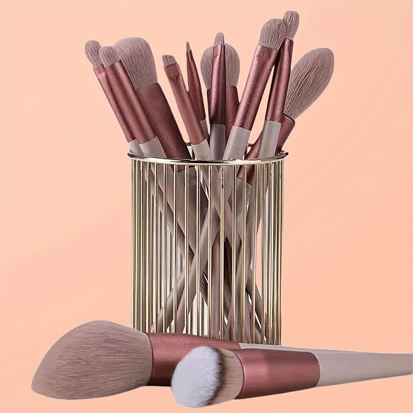 Luxurious 13pcs Golden Makeup Brush Set Includes Perfect Soft Pouch - Premium Pinkish Hue Cosmetic Implements with High-Quality Fibers for Flawless Application, Portable Case