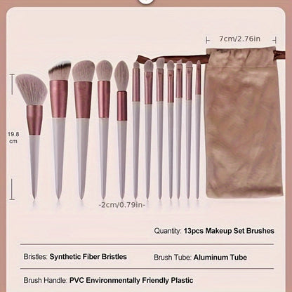 Luxurious 13pcs Golden Makeup Brush Set Includes Perfect Soft Pouch - Premium Pinkish Hue Cosmetic Implements with High-Quality Fibers for Flawless Application, Portable Case