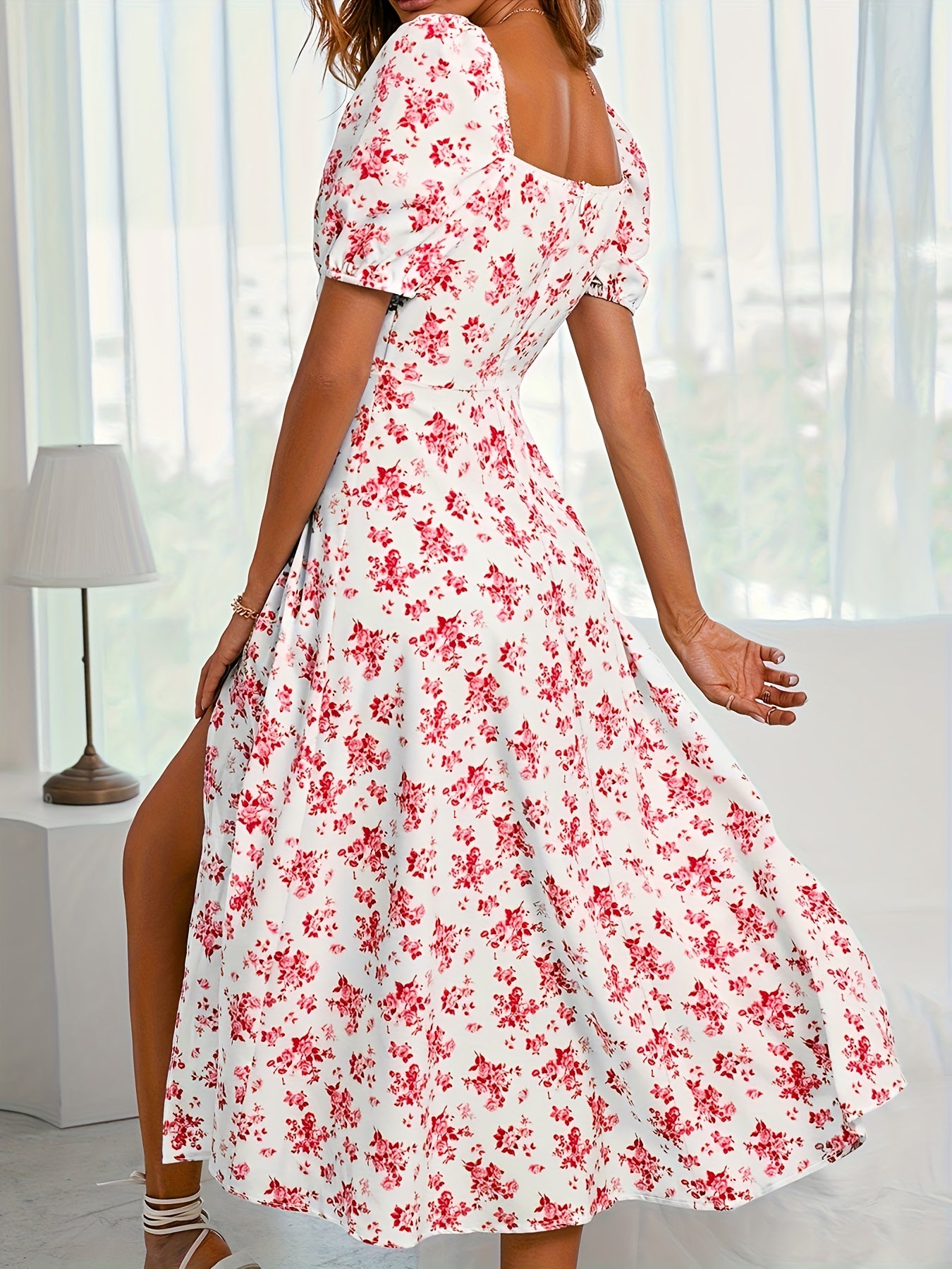 Floral Print Puff Sleeve Ruched Dress, Casual Square Neck Split Hem Dress For Spring & Summer, Women's Clothing