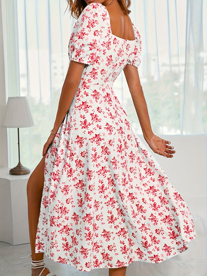 Floral Print Puff Sleeve Ruched Dress, Casual Square Neck Split Hem Dress For Spring & Summer, Women's Clothing