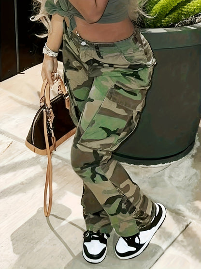 Fashionable High Waist Camouflage Cargo Jeans - Sleek Straight Fit with Medium Stretch & Stylish Flap Pockets - Trendy High Rise Denim Pants for Women
