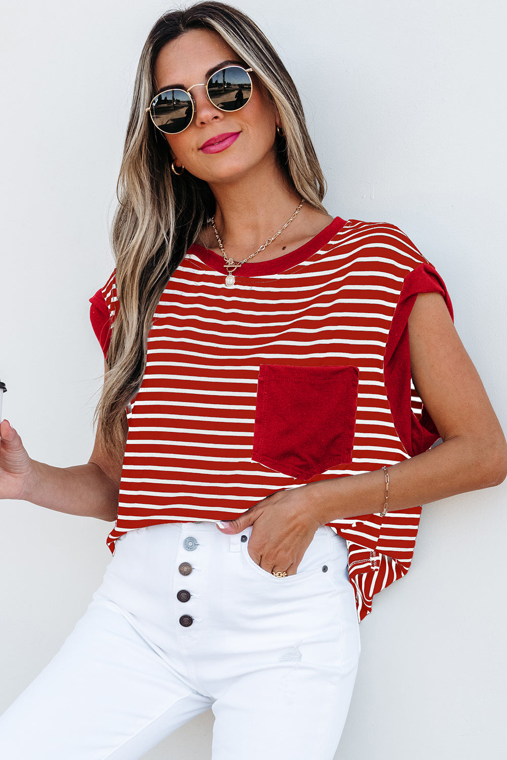 Red Stripe Chest Pocket Patch Round Neck Tank Top
