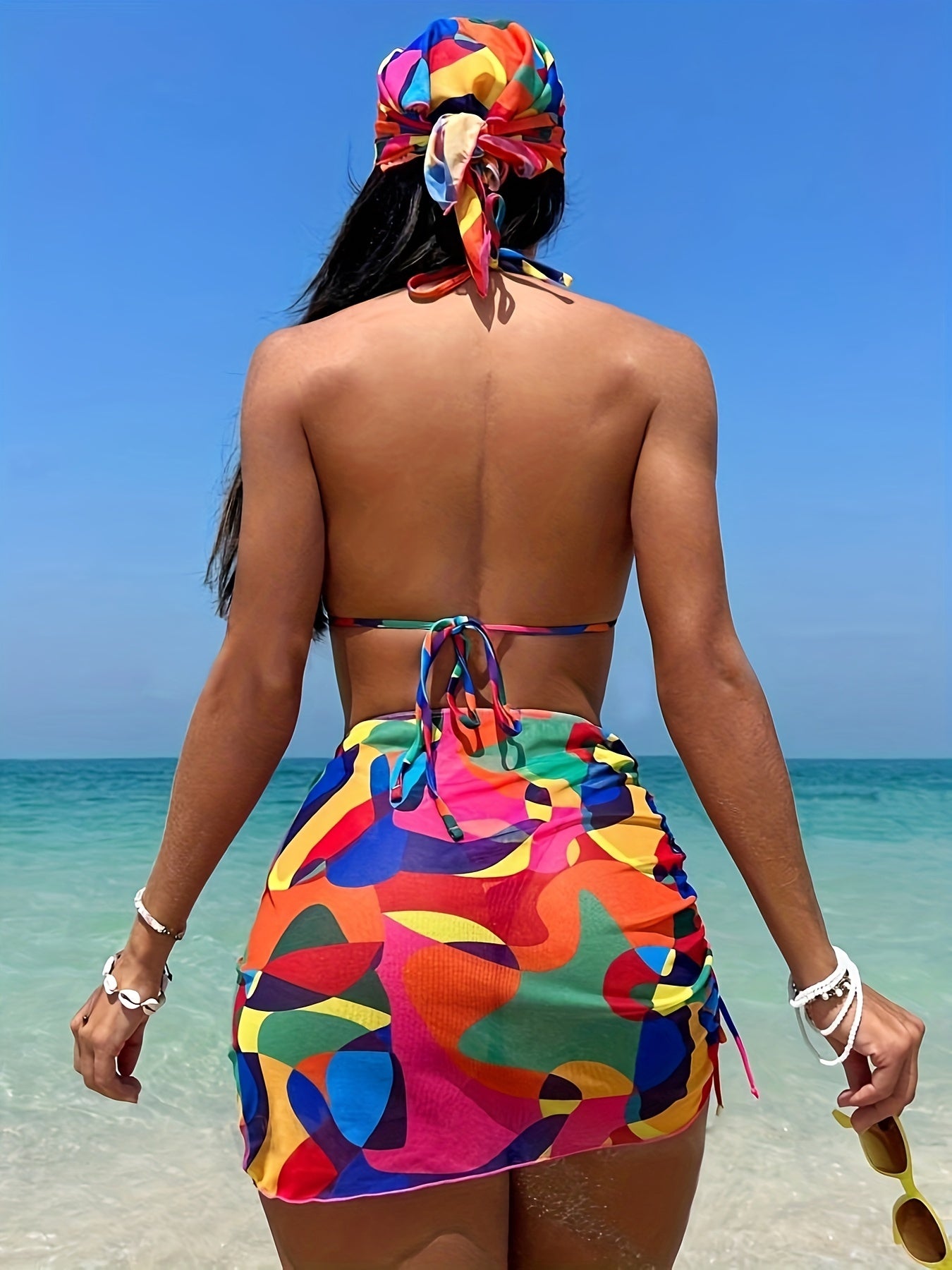1set Women'S Geometric-Patterned Bikini Set, High Stretch Polyester Knit Fabric, 82% Polyester 18% Elastane, Colorful Printed Two-Piece Swimsuit with Lace-Up Detail