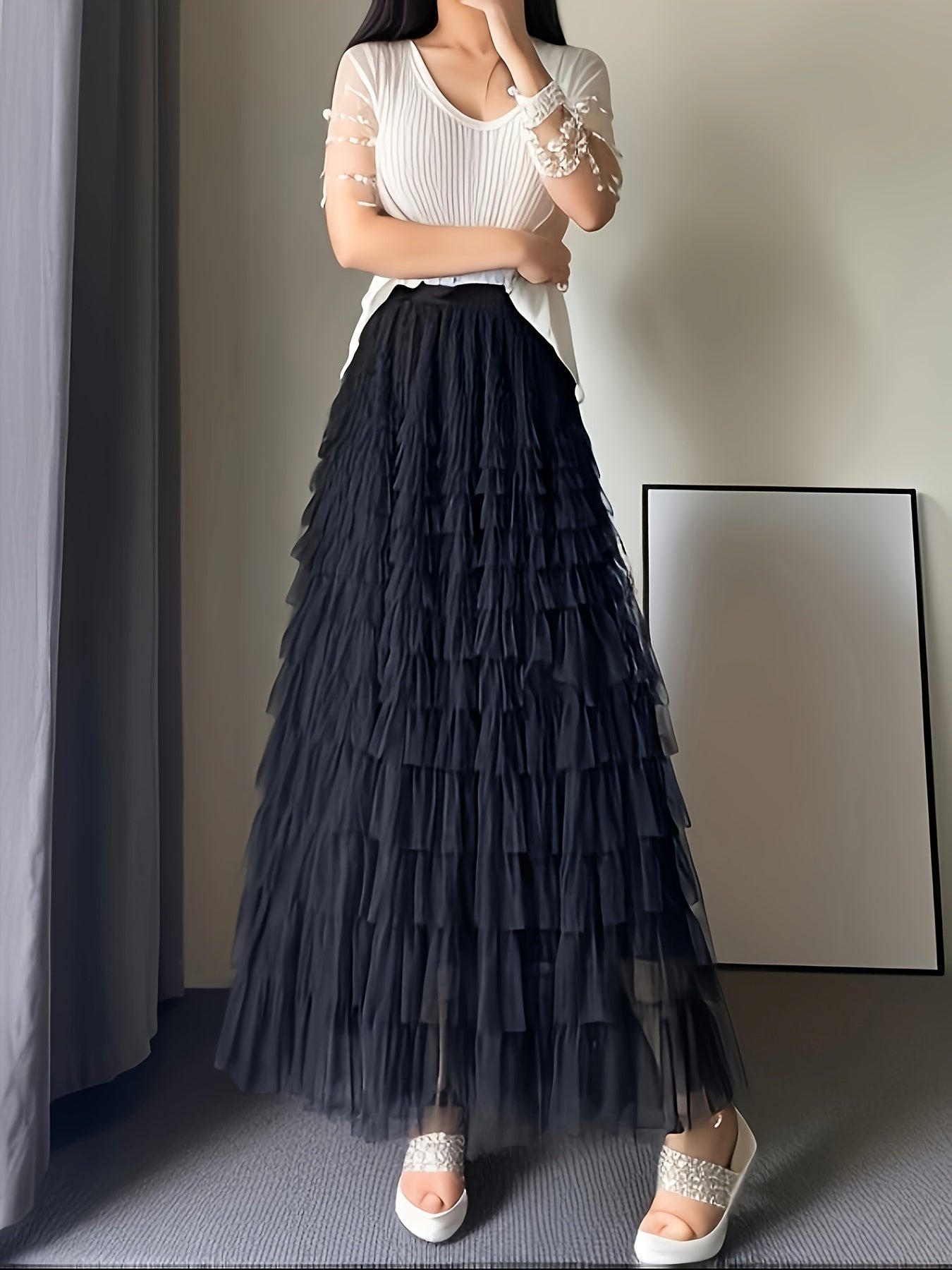 Multilayer Ruffles Tulle Skirt, Casual Fluffy Skirt For Spring & Summer, Women's Clothing