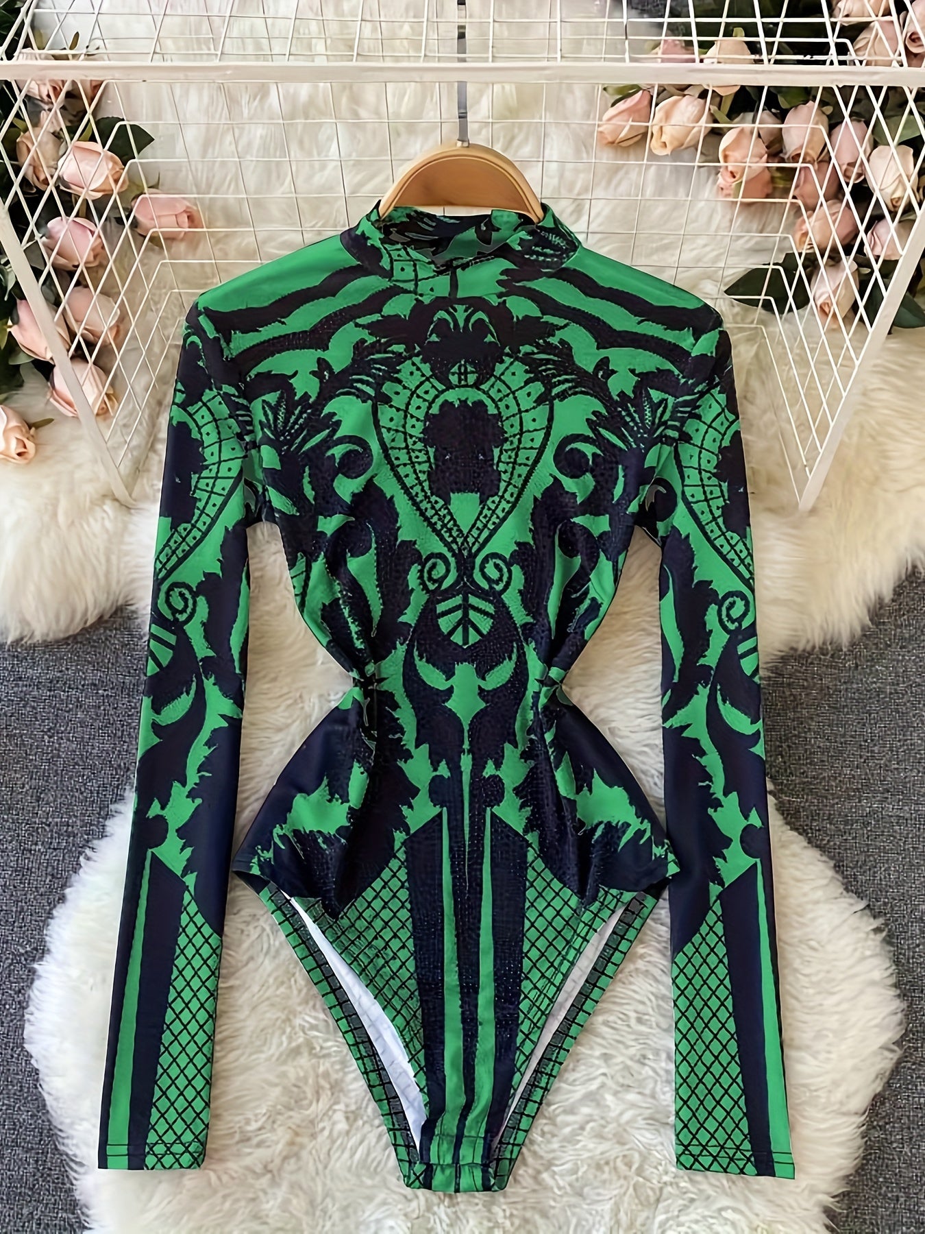 Women'S Tropical Print Bodysuit with Rhinestone Detail - Slim Fit, Stand Collar, Long Sleeve, All-Season Versatile Jumpsuit for Casual or Stylish Outfits, Stylish Outfit Bodysuit | Stand Collar Top | Polyester Fabric, Bodysui