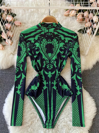 Women'S Tropical Print Bodysuit with Rhinestone Detail - Slim Fit, Stand Collar, Long Sleeve, All-Season Versatile Jumpsuit for Casual or Stylish Outfits, Stylish Outfit Bodysuit | Stand Collar Top | Polyester Fabric, Bodysui