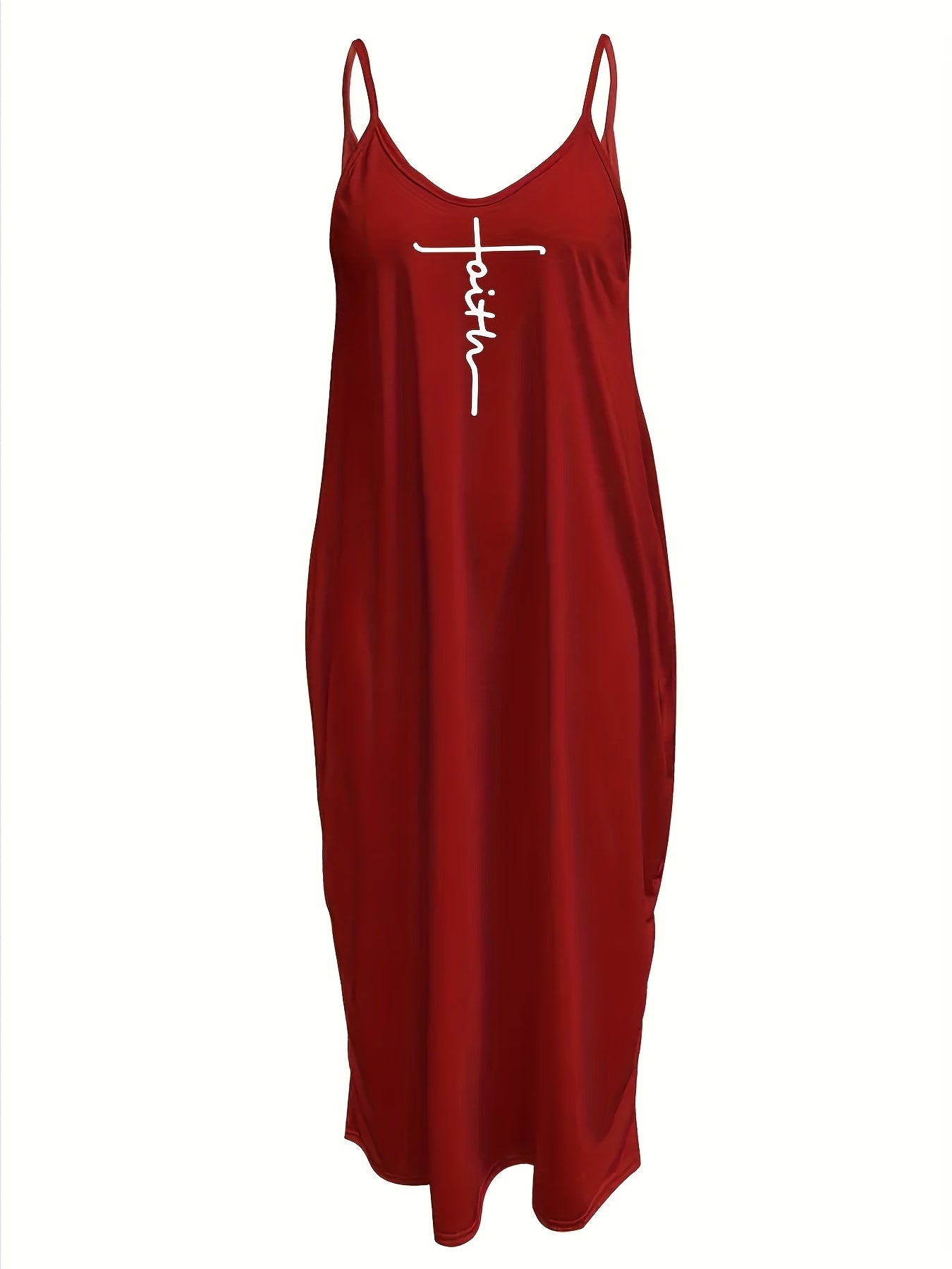 Faith Print Backless Dress, Casual Spaghetti Strap V Neck Loose Dress, Women's Clothing