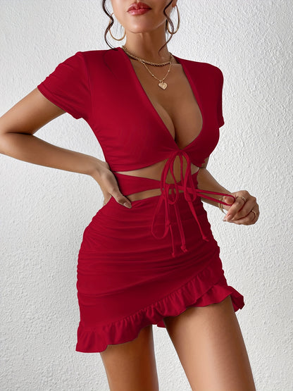 Solid Deep V Neck Tie Front Short Sleeve Dress, Sexy Bag Hip Ruffled Hem Dress, Women's Clothing For Party Dressing