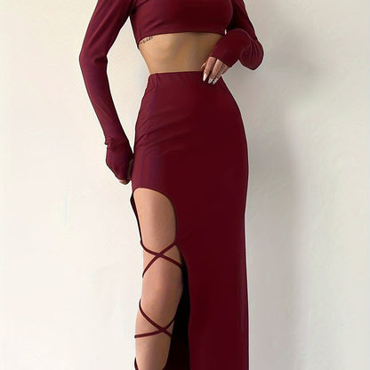 Sexy Two-Piece Outfit Set - Long Sleeve Crew Neck Slim Fit Crop Top & High Waist Asymmetrical Split Thigh Skirt - Women's Comfortable Bodycon Clothing for Daily Wear, Party, Date Night, and Special Occasions