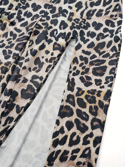 Sultry Leopard Print Bodycon Jumpsuit - High-Waisted, Open Back, Polyester Elastane Blend, All-Season Fashion for Women, Sexy and Confident Style