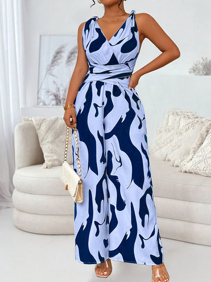 Elegant Women'S Fashion Jumpsuit, Geometric Pattern, Non-Stretch Polyester, 110g/m², Woven, Cross Strap Detail