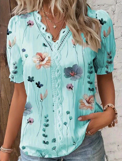 Floral Print V Neck Lace Trim Blouse, Boho Puff Sleeve Blouse For Summer, Women's Clothing