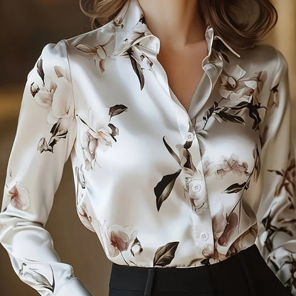 Women's Elegant Floral Print Long Sleeve Shirt - Soft Collar Blouse with Button Front, Machine Washable H-Silhouette Top for Autumn/Winter, Casual & Professional Outfits, Autumn Fashion, Easy Care, Buttonup Shirt, Stylish Wom