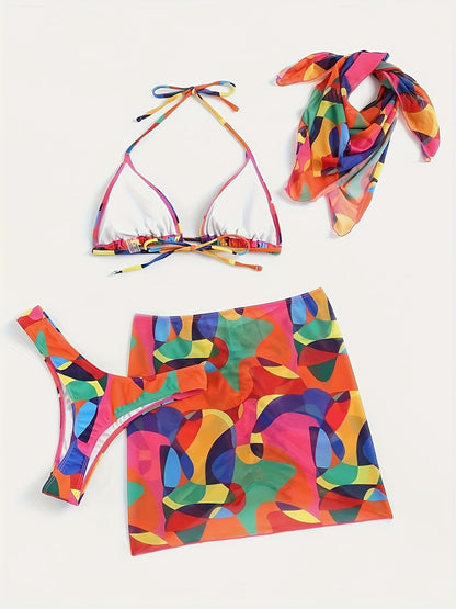 1set Women'S Geometric-Patterned Bikini Set, High Stretch Polyester Knit Fabric, 82% Polyester 18% Elastane, Colorful Printed Two-Piece Swimsuit with Lace-Up Detail