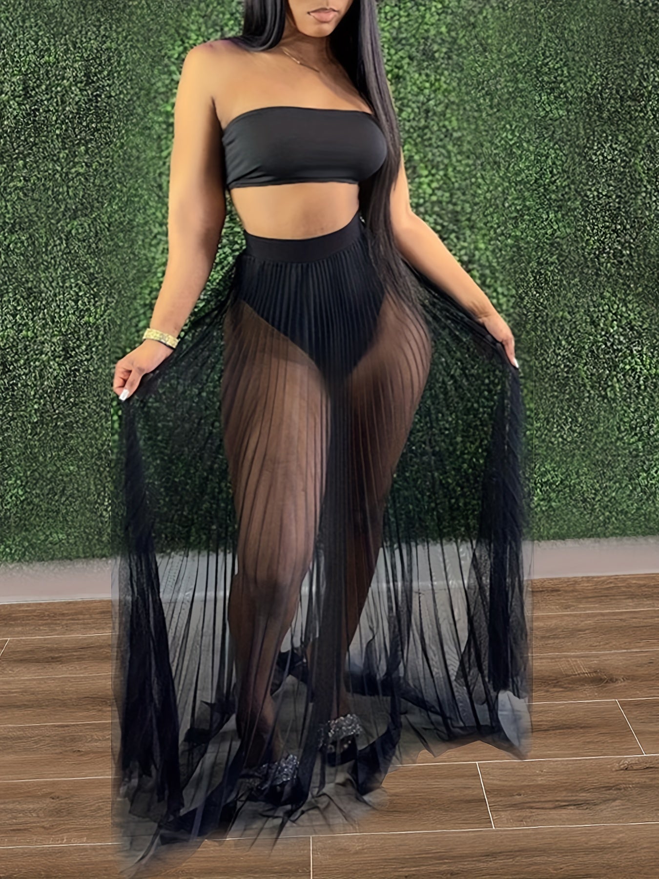 Chic Womens 3-Piece Swimsuit Set - Flattering Bandeau Bikini with Fishnet Cover-Up Maxi Dress & Party Skirt - Beach to Club Fashion Must-Have