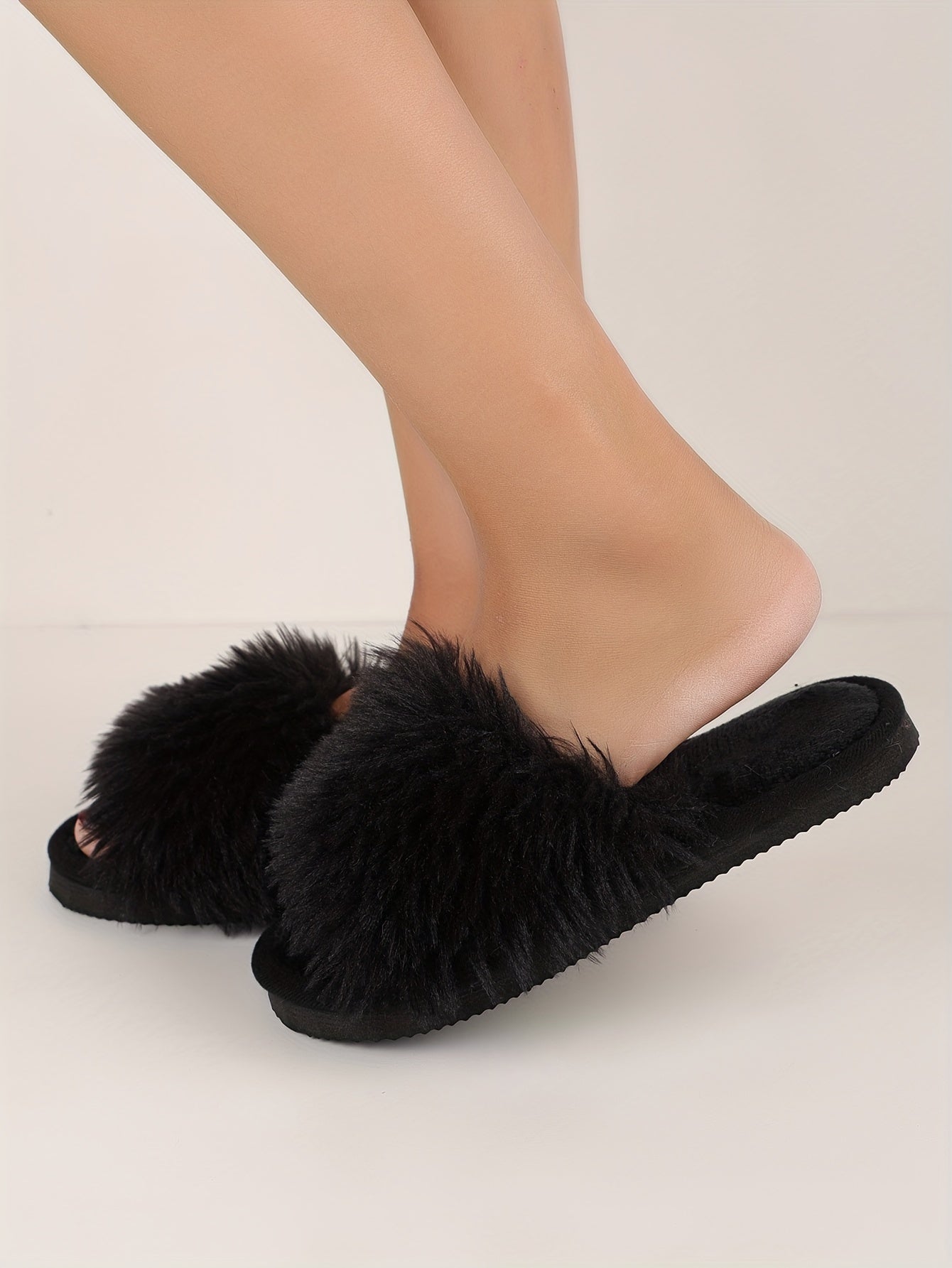 Elegant Women's Faux Fur Slippers - Winter Plush Open Toe Slip-On House Slippers with EVA Sole - Solid Color Fluffy Indoor Cotton Slides - Cixi Production Area