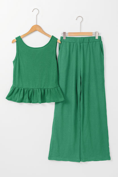 Green Solid Color Ribbed Ruffle Tank Top and Pants Set