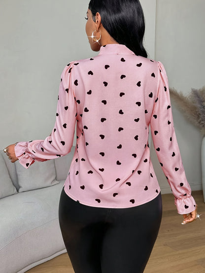 Women's Elegant Heart Print Puff Sleeve Blouse with Bow Tie Front - Pink & Black All-Over Pattern, Machine Washable Regular Fit Long Sleeve Shirt for Spring Summer Fall, Ladies Blouses