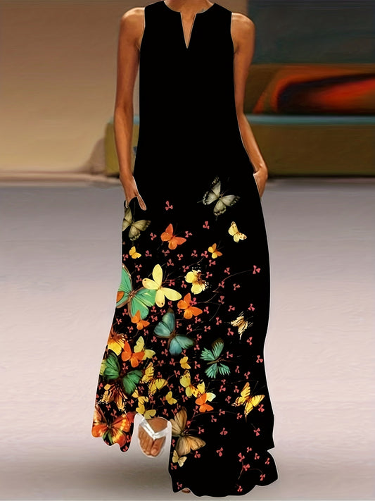 Floral Print V Neck Maxi Dress, Casual Sleeveless Dress For Spring & Summer, Women's Clothing