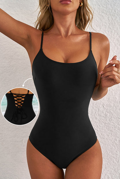 Dearlove Black Thin Strap Strappy Lace-up Open Back One Piece Swimsuit