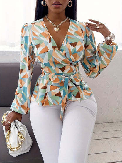 Geo Printed Belted Blouse, Elegant Long Sleeve V Neck Blouse For Spring, Women's Clothing