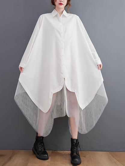 Asymmetric Hem Button Front Shirt, Stylish Long Sleeve Contrast Mesh Loose Blouse For Spring & Fall, Women's Clothing