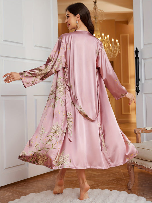 Women's Fashion Sleepwear, Long Sleeve Satin Robe with Cherry Print, V-Neck, Breathable Summer Bath Robe, Home Loungewear, Polyester, Adult Size, Woven Fabric