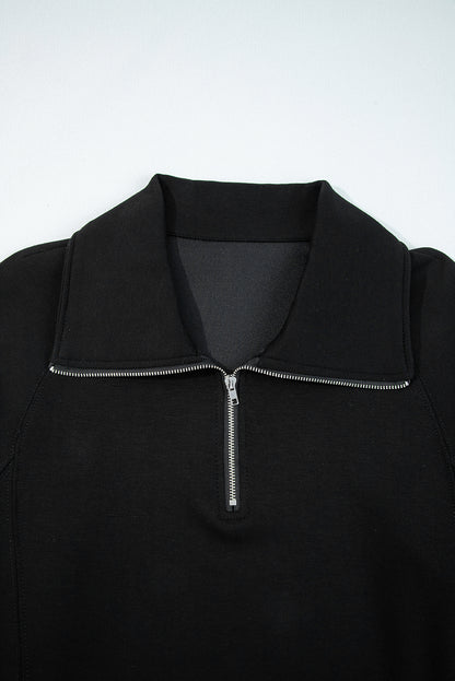 Black Zip Collar Long Sleeve Top Drawstring Pants Set