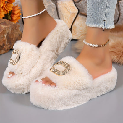 [Luxury Slip-On] Plush Faux Fur Women's Slip-On Slippers | Thick Cushioned Rubber Sole & Metallic Buckle Accents - All-Season Indoor/Outdoor House Shoes in Black, Beige, White, Brown, Comfort Footwear, Luxury Slipon, Soft Sli