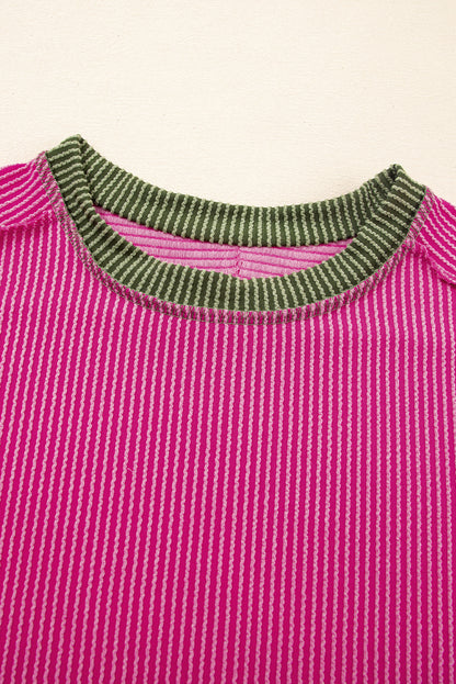 Rose Red Textured Contrast Trim Round Neck T Shirt